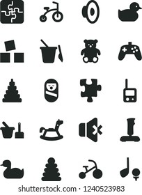 Solid Black Vector Icon Set - loudspeaker vector, rubber duck, baby duckling, stacking rings, toy, roly poly doll, phone, sand set, children's, small teddy bear, rocking horse, cubes for children
