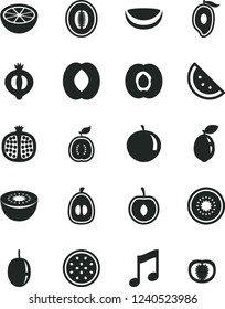 Solid Black Vector Icon Set - music vector, orange slice, half apricot, pomegranate, of medlar, mango, peach, melon, tangerine, loquat, cherry, passion fruit, kiwi, sour lime, guawa, piece coconut