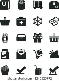 Solid Black Vector Icon Set - cargo trolley vector, grocery basket, first aid kit, packing of juice with a straw, received letter, drawer, bag handles, cardboard box, package, shipment, tin, popcorn
