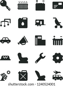 Solid Black Vector Icon Set - truck lorry vector, horn, toys over the cot, Baby chair, car child seat, summer stroller, motor vehicle, key, pass card, big solar panel, modern gas station, battery