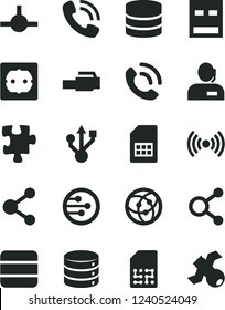 Solid Black Vector Icon Set - Puzzle vector, power socket type f, big data, phone call, SIM card, connection, connections, dispatcher, usb, network, connect, lan connector, wireless, satellite