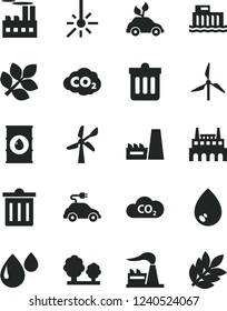 Solid Black Vector Icon Set - bin vector, dust, drop, windmill, wind energy, factory, oil, hydroelectric station, trees, industrial building, thermal power plant, environmentally friendly transport