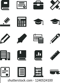 Solid Black Vector Icon Set - graphite pencil vector, yardstick, new abacus, e, portfolio, buildings, writing accessories, drawing, calculation, square academic hat, text highlighter, graduate, bus