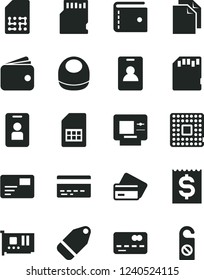 Solid Black Vector Icon Set - bank card vector, purse, clean paper, baby bib, pass, label, processor, SIM, front of the, financial item, wallet, pc, sd, identity, atm, credit, access, do not distrub