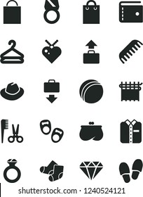 Solid Black Vector Icon Set - paper bag vector, purse, hat, bath ball, accessories for a hairstyle, comb, Knitted Socks, shoes little children, folded shirt, hanger, cloth industry, diamond, ring