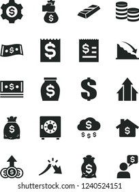 Solid Black Vector Icon Set - dollar vector, strongbox, coins, recession, a crisis, article on the, financial item, money, dollars, cash, growth arrows, gold bar, bag hand, rain, mortgage, gear