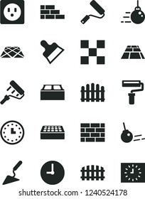 Solid Black Vector Icon Set - paint roller vector, brickwork, brick wall, big core, building trowel, new, tile, block, putty knife, fence, hedge, paving slab, pavement, clock, socket, watch, black