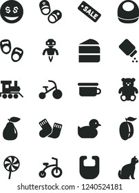 Solid Black Vector Icon Set - baby powder vector, bib, duckling, warm socks, children's potty, small teddy bear, toy train, child bicycle, tricycle, shoes for little children, piece of cake, pear