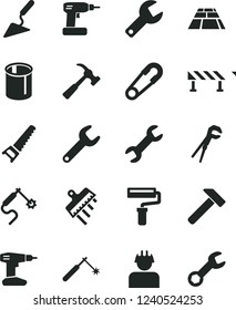 Solid Black Vector Icon Set - paint roller vector, repair key, safety pin, building trowel, adjustable wrench, cordless drill, hand saw, spatula, paving slab, road fence, hammer, with claw, builder