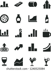 Solid Black Vector Icon Set - growth up vector, bar chart, line, pizza, cup of tea, cocktail, glass, bottle, liquor, pipe, graph, arrows, gold, dollar pedestal