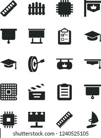 Solid Black Vector Icon Set - movie cracker vector, hedge, survey, square academic hat, processor, vintage sign, antique advertising signboard, billboard with illumination, cpu, memory, graduate