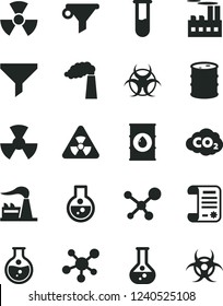 Solid Black Vector Icon Set - round flask vector, manufacture, factory, oil, barrel, industrial building, radiation, carbon dyoxide, filter, water, research article, test tube, molecule, nuclear