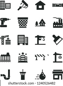 Solid Black Vector Icon Set - wicker pot vector, crane, tower, dwelling, big core, cordless drill, paint roller, siphon, building level, buildings, city block, putty knife, road fence, industrial