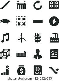 Solid Black Vector Icon Set - tassel vector, minus, clockwise, employee, music, passport, size, fish, mint, windmill, battery, industrial building, article on the dollar, money, keyboard, pc speaker