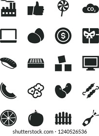 Solid Black Vector Icon Set - monitor window vector, cubes for children, brick, hedge, thumb up, eggs, meat on skewers, lollipop, japanese sushi, popcorn, slice of melon, lemon, persimmon, beans