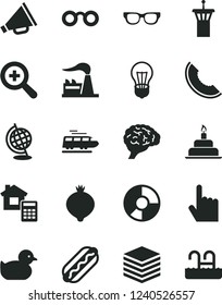 Solid Black Vector Icon Set - Zoom Vector, Horn, Baby Duckling, Birthday Cake, Estimate, Index Finger, Pile, Hot Dog, Medlar, Slice Of Melon, Factory, Bulb, Ring Diagram, Glasses, Brain, Globe, Pool