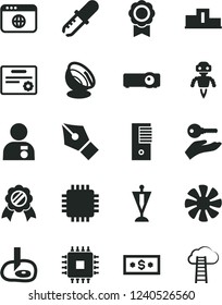Solid Black Vector Icon Set - fan vector, pc tower, cpu, browser, projector, pipette, artifical insimination, medal, robot, satellite antenna, ink pen, pedestal, man with, pennant, certificate