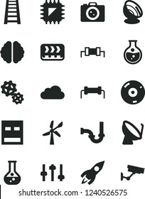 Solid Black Vector Icon Set - Stepladder Vector, Sewerage, Round Flask, Wind Energy, Gears, Conveyor, Smd, Satellite Dish, Rocket, Usb, Cd, Cloud, Brain, Settings, Antenna, Resistor, Camera