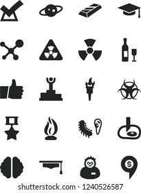 Solid Black Vector Icon Set - thumb up vector, molecule, nuclear, brain, bactery, biohazard, flame, scientist, graduate hat, artifical insimination, saturn, torch, winner podium, hero medal, confirm