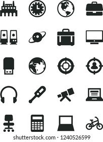Solid Black Vector Icon Set - laptop vector, clock face, electronic thermometer e, headphones, case, screen, industrial factory, briefcase, man in sight, notebook pc, usb flash, speaker, chair, aim