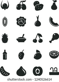 Solid Black Vector Icon Set - measuring bottle for feeding vector, a bowl of buckwheat porridge, chicken leg, pear, cherry, half apricot, squash, fig, tasty mulberry, cornels, slice melon, tangerine