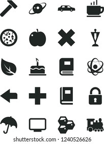 Solid Black Vector Icon Set - left direction vector, plus, cross, hammer, lock, umbrella, coffee, cake, pizza, honeycombs, apple, leaf, monitor, atom, book, saturn, pennant, limousine, train