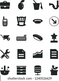 Solid Black Vector Icon Set - scribbled paper vector, cradle, storage unit, children's sand set, building trolley, small tools, sewerage, big data server, right bottom arrow, plate, japanese sushi