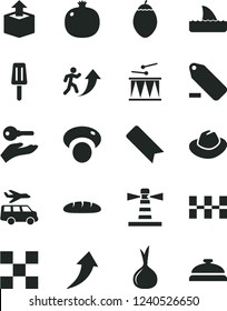 Solid Black Vector Icon Set - bookmark vector, hat, remove label, drumroll, tile, ceramic tiles, unpacking, loaf, popsicle, pomegranate, tamarillo, onion, mashroom, lighthouse, man arrow up