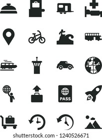 Solid Black Vector Icon Set - passport vector, retro car, location, planet, history, man hold world, rocket, train, camper, bus, bike, airport tower, baggage scanner, hospital bed, surfing
