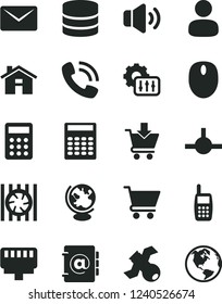 Solid Black Vector Icon Set - house vector, volume, address book, cart, put in, man, phone call, mobile, calculator, radiator fan, mouse, connect, lan connector, big data, mail, settings, satellite