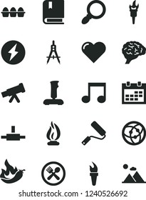 Solid Black Vector Icon Set - calendar vector, e, new roller, heart, bundle of eggs, hot pepper, Measuring compasses, network, connect, magnifier, note, joystick, telescope, brain, flame, torch