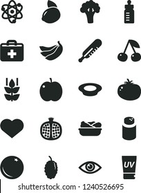 Solid Black Vector Icon Set - heart symbol vector, first aid kit, feeding bottle, powder, mercury thermometer, eye, lettuce in a plate, of milk, tomato, orange, mint, cherry, apple, half pomegranate