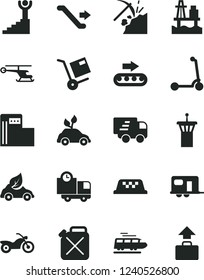 Solid Black Vector Icon Set - child Kick scooter vector, delivery, shipment, sea port, coal mining, modern gas station, production conveyor, canister, eco car, environmentally friendly transport