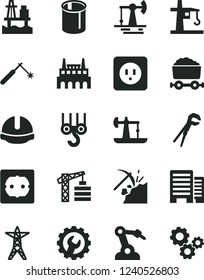 Solid Black Vector Icon Set - tower crane vector, winch hook, adjustable wrench, power socket type b, f, buildings, construction helmet, gear, sea port, oil derrick, working, coal mining, line