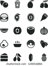Solid Black Vector Icon Set - big burger vector, piece of cake, glazed with a hole, hot porridge, grill chicken leg, cup popcorn, fried egg, blueberries, half apricot, pomegranate, branch grape