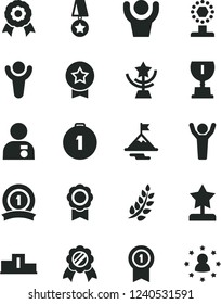 Solid Black Vector Icon Set - medal vector, winner, laurel branch, pedestal, award, cup, star, reward, man hands up, with, motivation, first place, pennant, ribbon, stars around