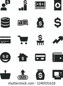 Solid Black Vector Icon Set - bank card vector, purse, growth up, oil, shopping cart, basket, reverse side of a, column coins, denomination the dollar, money, cash, mortgage, pedestal, bag, eyes