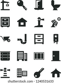 Solid Black Vector Icon Set - bedside table vector, chest of drawers, dwelling, building trolley, window frame, toilet, siphon, key, ntrance door, buildings, city block, boiler, nightstand, coastal