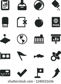Solid Black Vector Icon Set - wind direction indicator vector, check mark, dummy, baby powder, bath ball, yule, passport, put in a box, delete page, small fish, tasty plum, planet Earth, gpu