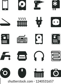 Solid Black Vector Icon Set - camera vector, keyboard, cordless drill, power socket type f, heating coil, faucet mixer, headphones, smartphone, battery, electric plug, cast iron radiator, mouse, hdd