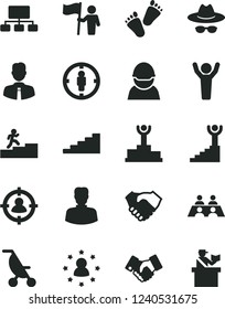 Solid Black Vector Icon Set - hat with glasses vector, summer stroller, children's tracks, employee, racer, woman, man in sight, goal, scheme, hand shake, handclasp, conversation, winner podium