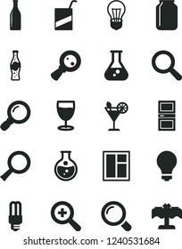 Solid Black Vector Icon Set - matte light bulb vector, magnifier, zoom, e, window, interroom door, cocktail, glass, bottle of soda, round flask, mercury, jar, magnifying, restaurant