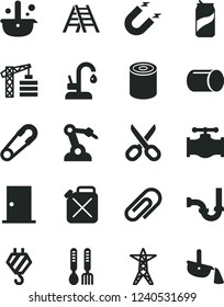 Solid Black Vector Icon Set - scissors vector, clip, safety pin, iron fork spoons, tower crane, hook, ladder, sewerage, ntrance door, kitchen faucet, tin, soda can, valve, power line, canister, pipe