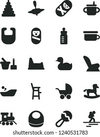 Solid Black Vector Icon Set - mug for feeding vector, bottle, bib, baby, beanbag, car child seat, stroller, rubber duck, children's bathroom, stacking toy, roly poly doll, tumbler, sand set, potty
