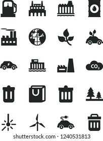 Solid Black Vector Icon Set - dust bin vector, bag with handles, leaves, gas station, windmill, oil, hydroelectric, hydroelectricity, forest, industrial building, thermal power plant, factory, CO2