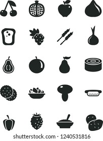 Solid Black Vector Icon Set - canned goods vector, mini hot dog, mushroom, a bowl of buckwheat porridge, plate fruit, barbecue, biscuit, sandwich, cherry, half pomegranate, grape, red apple, fig