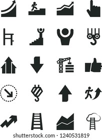 Solid Black Vector Icon Set - upward direction vector, downward, growth up, line chart, a chair for feeding, tower crane, hook, winch, stepladder, index finger, thumb, right bottom arrow, man, graph