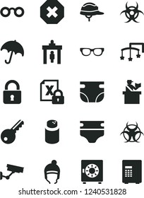 Solid Black Vector Icon Set - mark of injury vector, toys over the cot, diaper, nappy, powder, winter hat, helmet, lock, umbrella, strongbox, encrypting, glasses, biohazard, security gate, key, safe