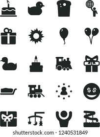 Solid Black Vector Icon Set - toys over the cradle vector, rubber duck, baby duckling, toy train, children's, colored air balloons, balloon, gift, cake, Easter, slice, birthday, giftbox, hands up