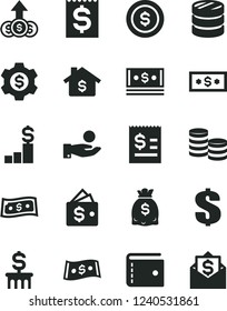 Solid Black Vector Icon Set - purse vector, dollar, coins, column of, article on the, financial item, catch a coin, dollars, cash, mortgage, pedestal, gear, wallet, growth, money mail